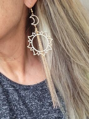Gold Sun & Moon Tassel Chain Dangle Earrings - Celestial Jewelry